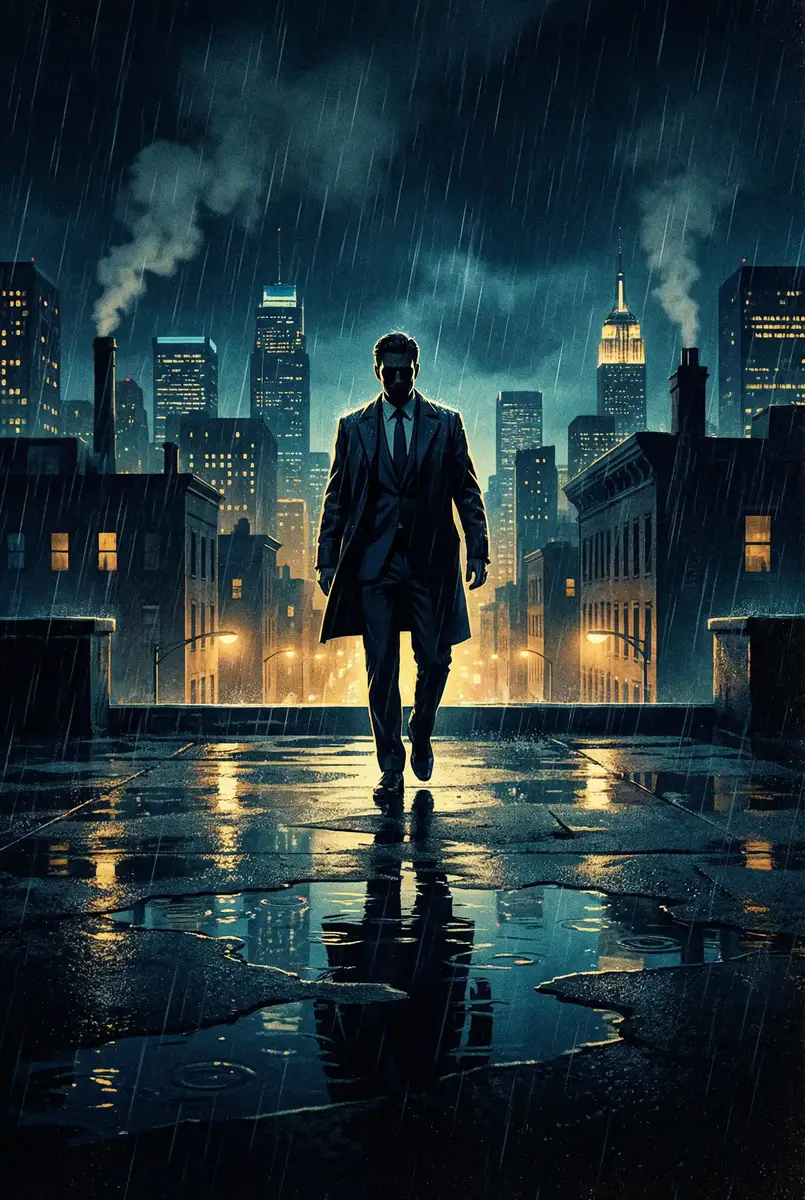 丝瓜草莓榴莲向日葵秋葵 出品影片《雨夜独行者》海报，雨中城市屋顶男性剪影